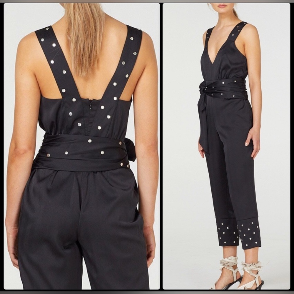 NWT Stevie May Wren Studded V Neck Belted Jumpsuit Black Silver Small